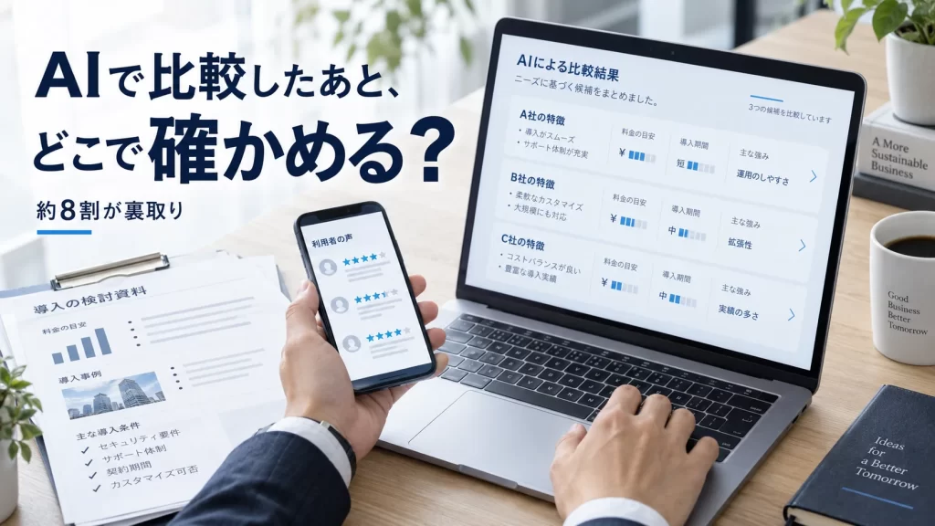 生成AIで法人向けサービスを比較した後、PCとスマートフォンを使って公式サイトやレビューなどを再確認する場面