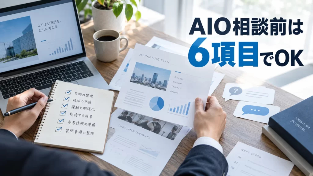 AIO対策会社への相談前に6項目を整理する担当者の手元と資料