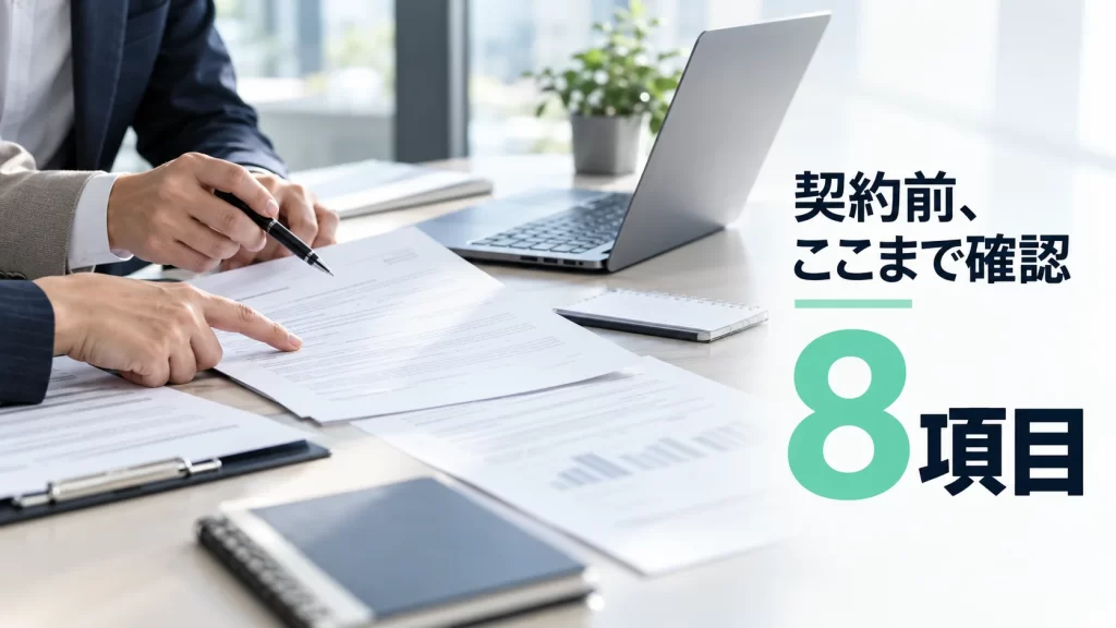 AIO支援の契約書類をデスク上で確認する手元と「契約前、ここまで確認 8項目」の文字