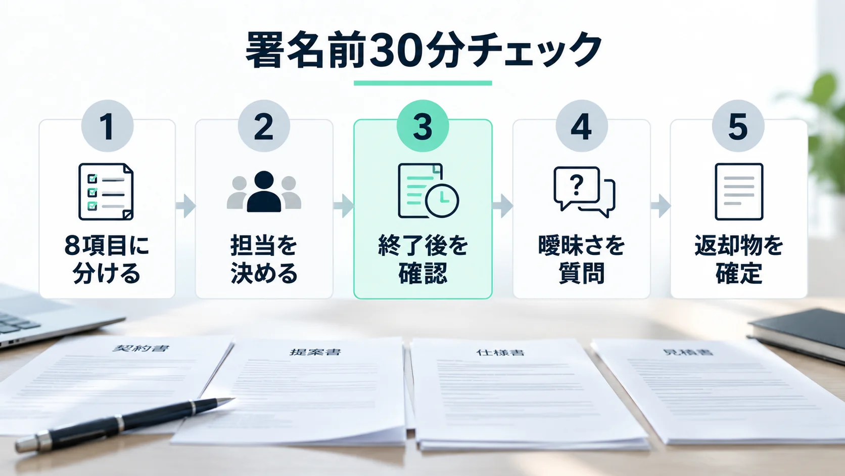 AIO支援の契約書へ署名する前に行う5段階の確認手順を示したフロー図