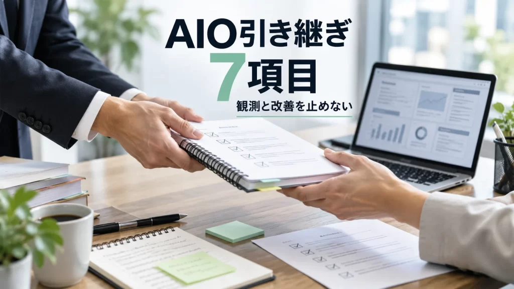 AIO担当者の引き継ぎ資料をデスク上で確認し、質問セットや観測履歴など7項目を整理する場面