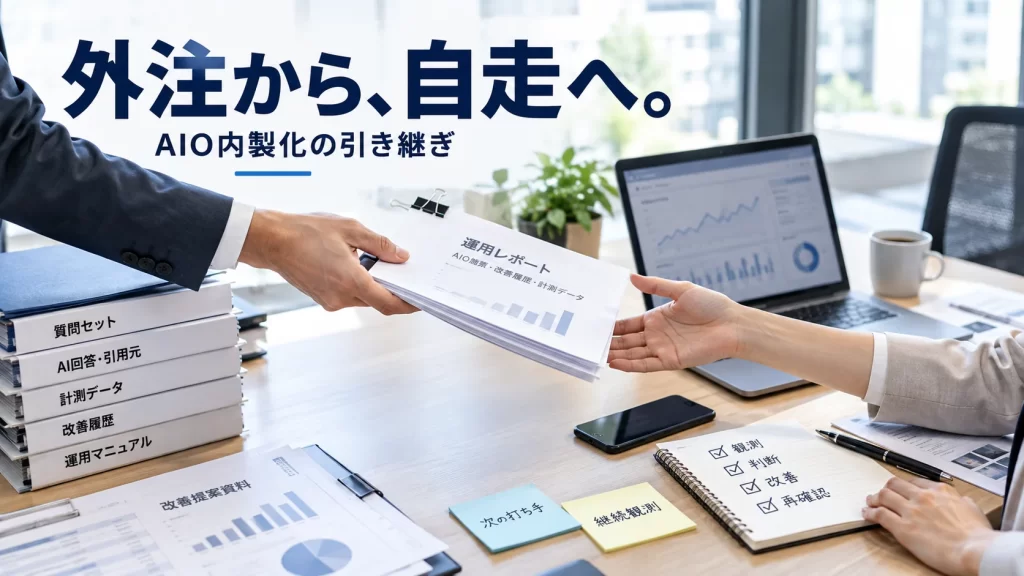 AIO支援の資料や計測データを外部会社から社内担当者へ引き継いでいるオフィスの様子