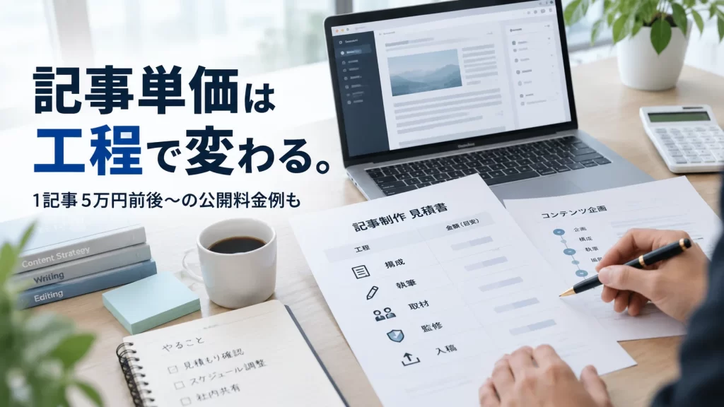 記事制作の見積書とノートPCを確認しながら、構成・執筆・取材・監修・入稿など工程別の費用を整理しているイメージ