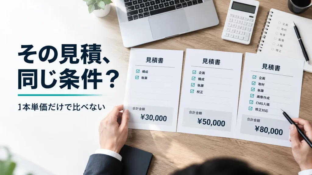 複数の記事制作見積書をデスク上で比較し、価格だけでなく作業範囲の違いを確認している様子