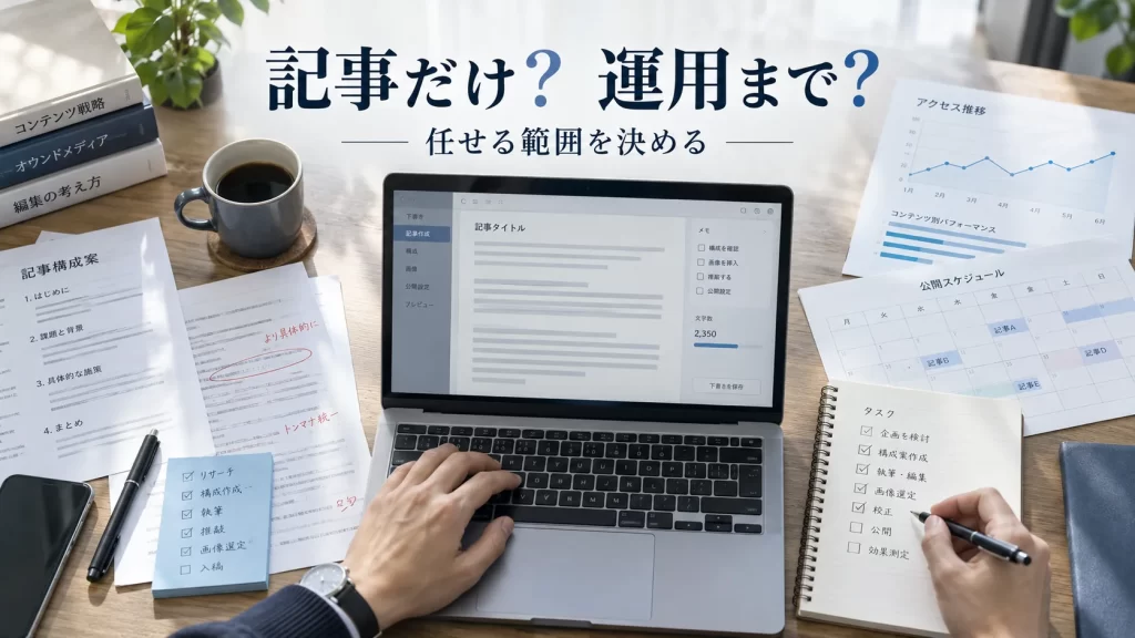 記事原稿、進行表、分析資料が並ぶデスクで、記事制作だけを外注するかオウンドメディア運用まで任せるかを表したアイキャッチ