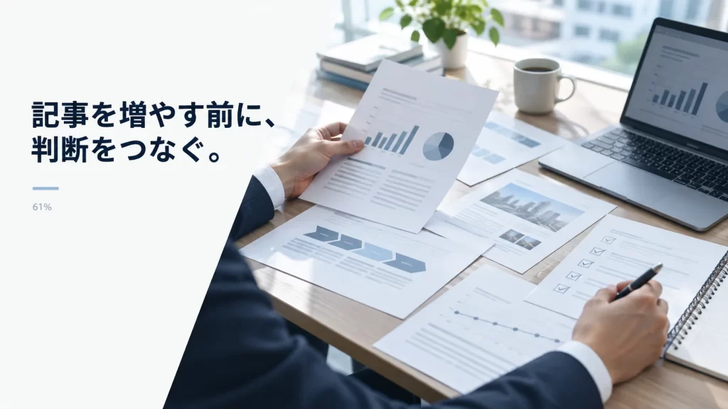 複数の資料を見比べながらBtoBの購買判断を支えるコンテンツ全体を設計しているオフィスデスクのイメージ