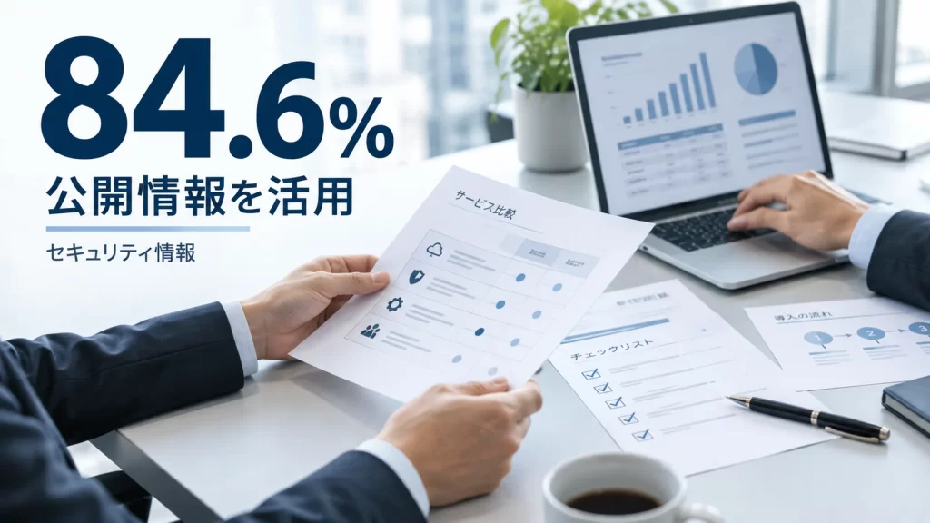 法人サービスの比較資料を確認する担当者の手元と、セキュリティ公開情報を活用する割合84.6%を示したアイキャッチ