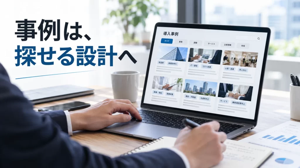 導入事例一覧を業種や課題から探しやすく整理するBtoBサイト担当者の作業風景