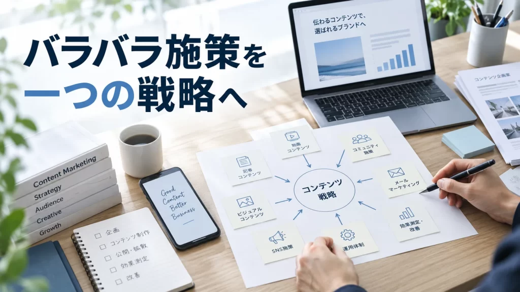 SEOやSNS、動画など複数のコンテンツ施策を一つの戦略として整理する様子