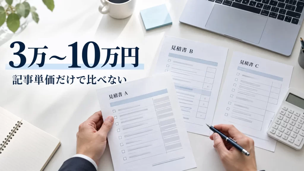 コンテンツSEOの記事制作費3万〜10万円という比較範囲と、見積もりの作業範囲を確認する様子