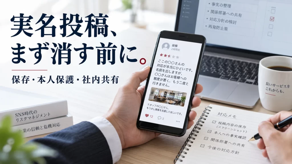 従業員の実名を含む口コミをスマートフォンで確認し、削除前に内容を記録する企業担当者の手元