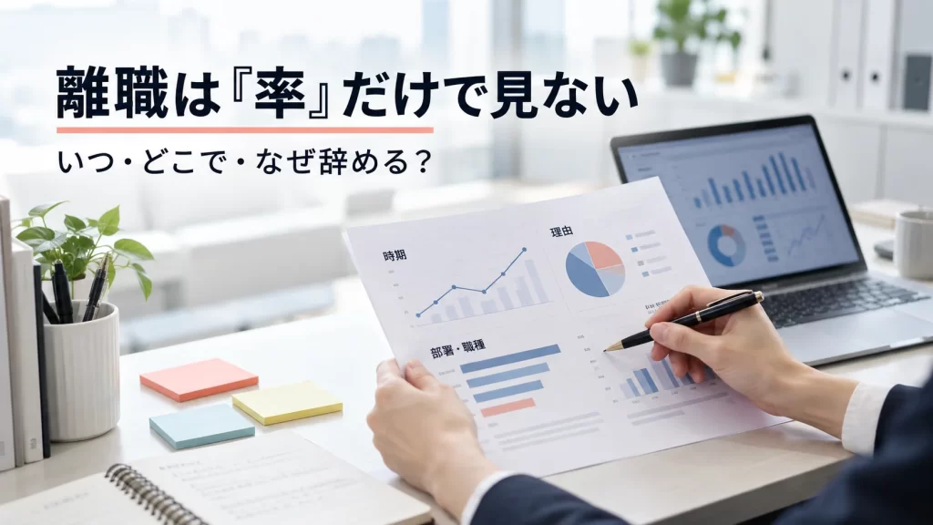 人事担当者が離職データを時期・部署や職種・理由の観点で確認しているデスク