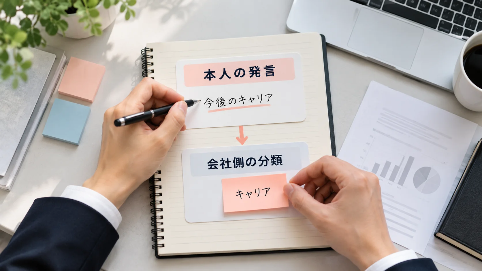 退職者本人の発言と会社側の分析分類を分けて記録する人事担当者の手元