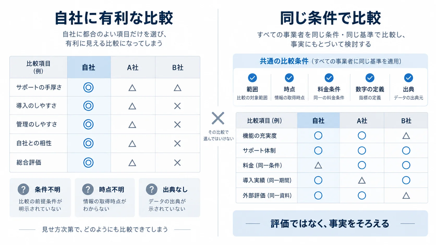 自社に有利な条件だけで作った比較表と、範囲・時点・料金条件・数字の定義・出典をそろえた公平な比較表の違い