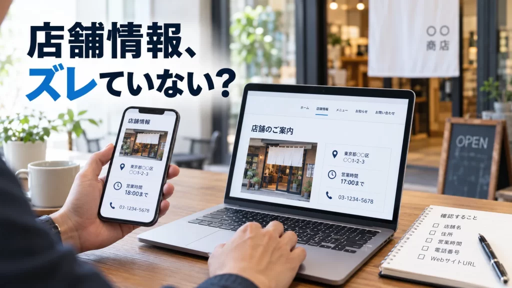 スマートフォンとPCで異なる店舗営業時間を確認している店舗運営担当者の手元