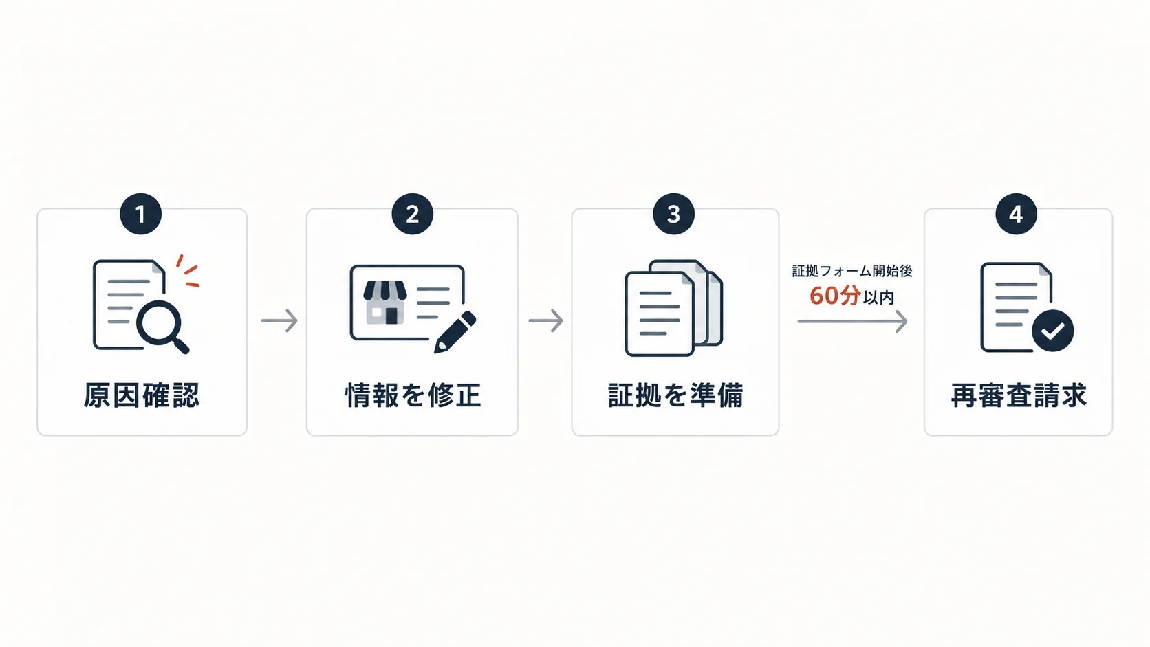 Googleビジネスプロフィール復旧を原因確認、修正、証拠準備、再審査請求の順で示したフロー図
