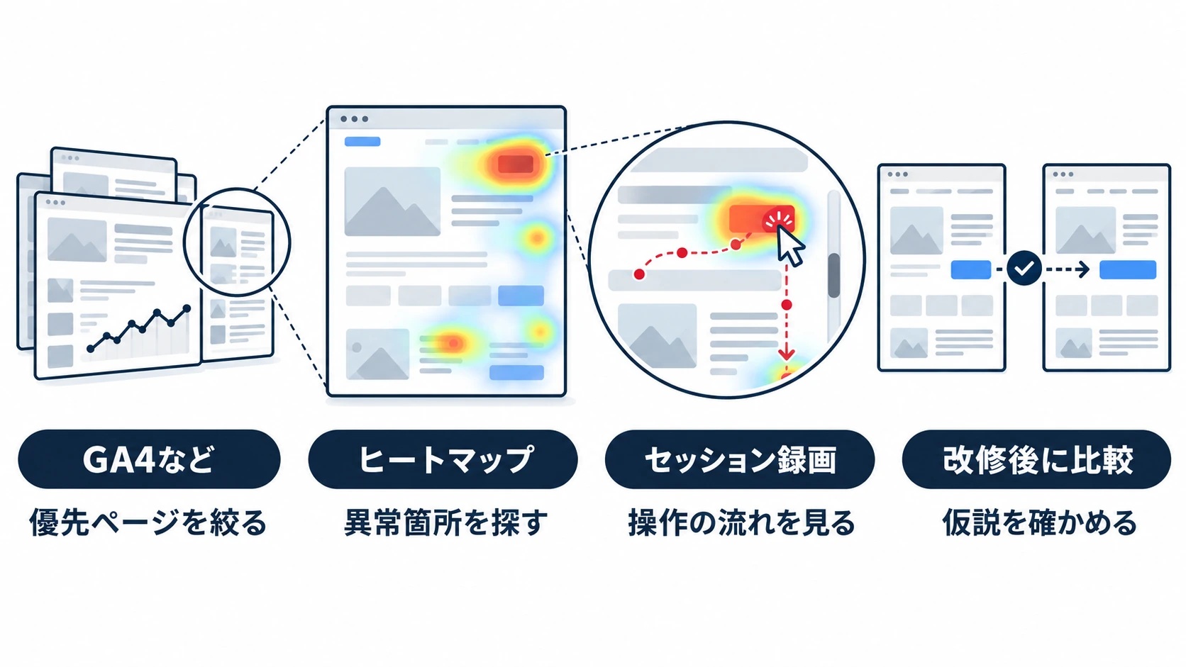 GA4などで優先ページを選び、ヒートマップとセッション録画で確認し、改修後に比較する分析の流れ