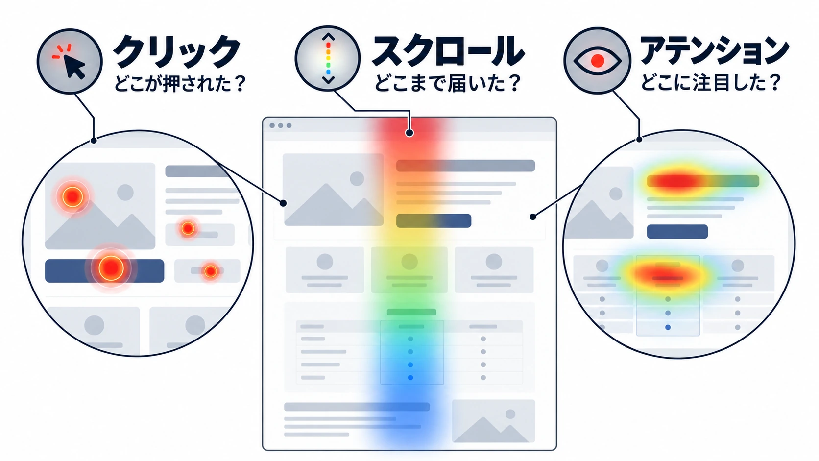 1つのWebページをクリック・スクロール・アテンションの3つの視点から分析する図