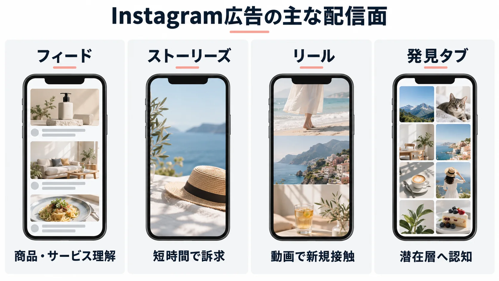Instagram広告のフィード、ストーリーズ、リール、発見タブの4つの配信面と向いている使い方の比較