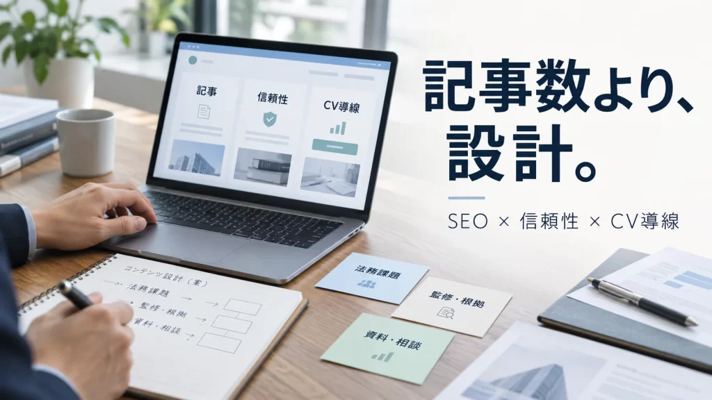 リーガルテック企業のオウンドメディアで、記事設計・信頼性・CV導線を一体で整理する様子