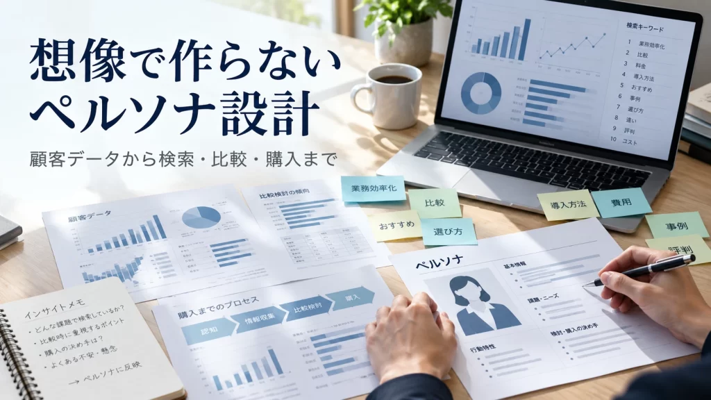 顧客データや検索行動の資料を見ながらマーケティングペルソナを設計しているデスクの様子
