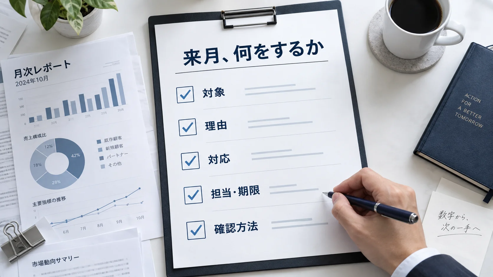 風評被害対策の次月対応を対象、理由、対応、担当と期限、確認方法の5項目で整理するアクションシート