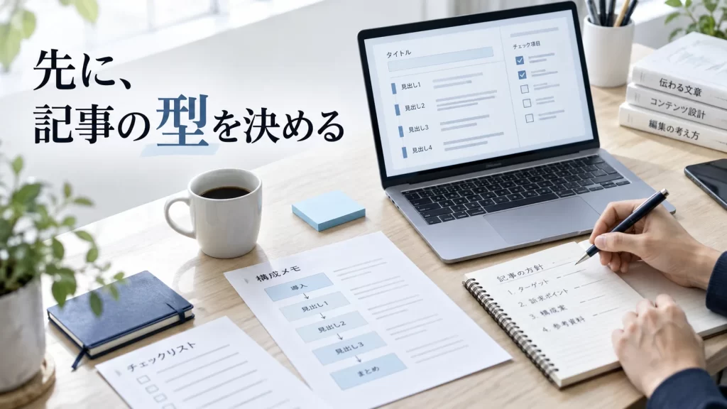 企画確定後の記事原稿フォーマットや出典・CTA・公開情報をテンプレートへ整理しているデスクのイメージ