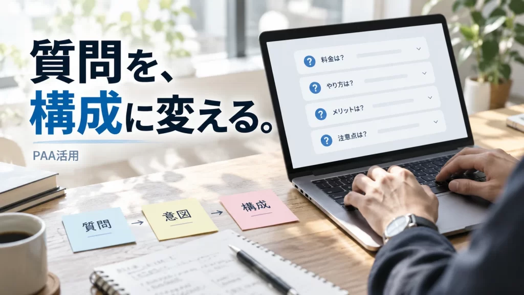 PAAの関連質問を検索意図ごとに整理し、記事構成へ反映する編集作業を表したアイキャッチ