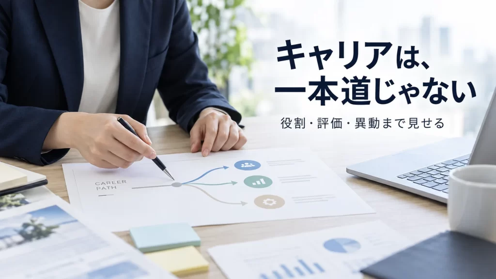 採用担当者が複数方向へ分岐するキャリアパス資料を確認している様子
