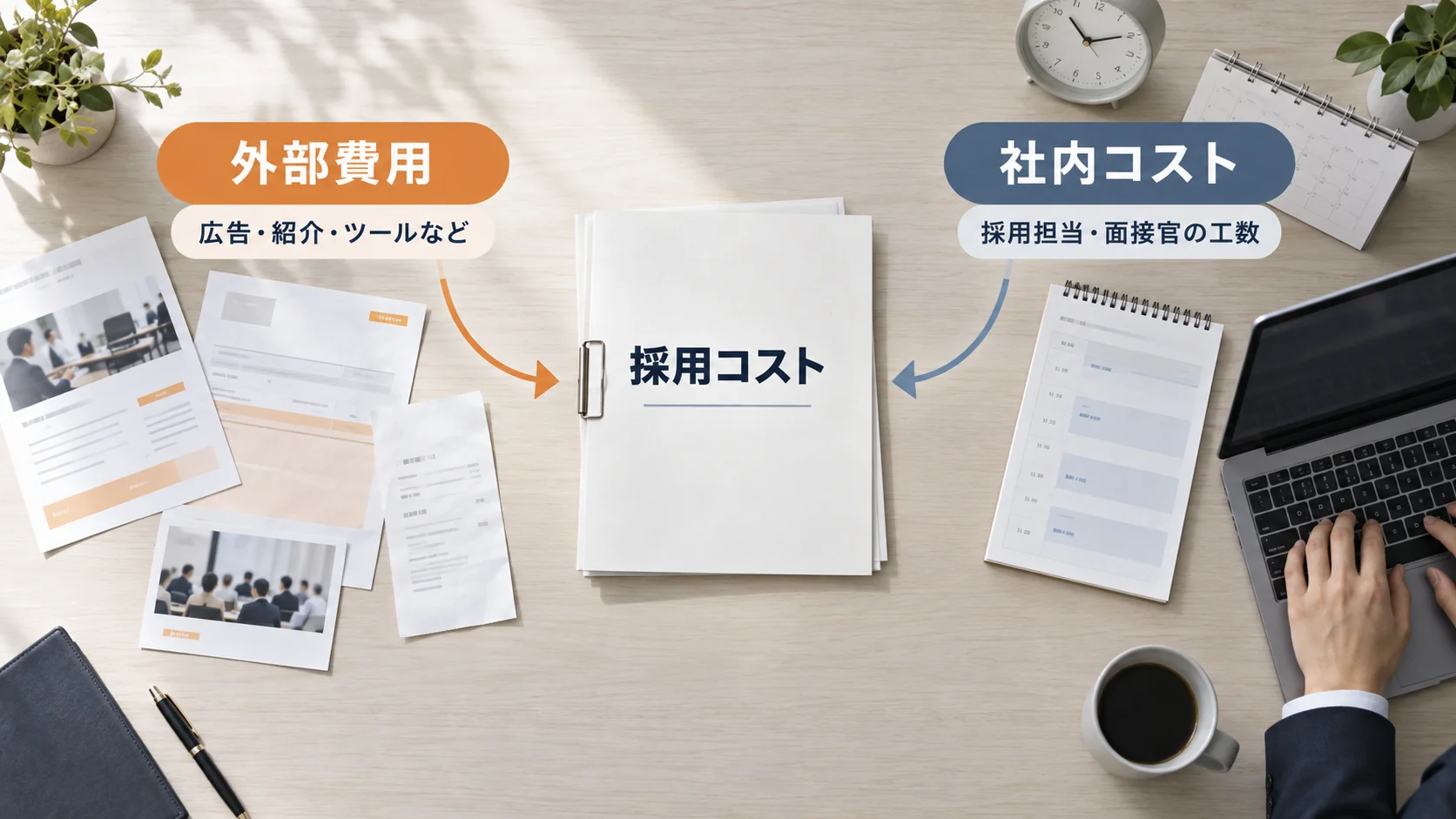 求人広告などの外部費用と採用担当者や面接官の社内工数を合わせて採用コストとして捉える図解
