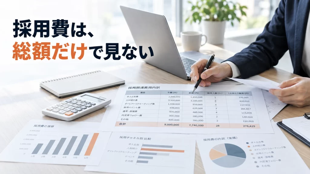 採用予算表と電卓を見ながら採用費の総額と1人あたりコストを確認する担当者の手元