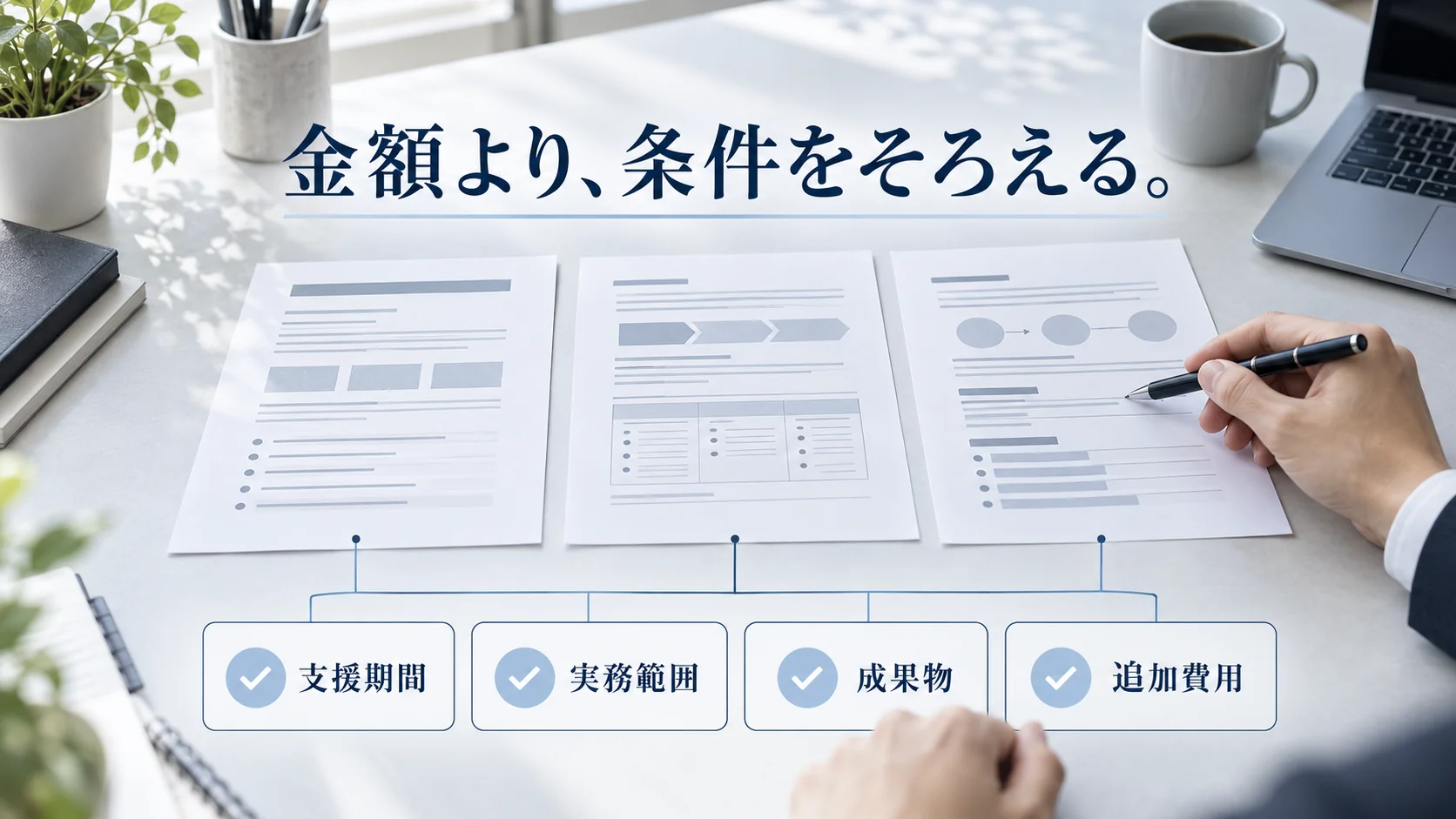 複数の採用コンサルティング提案書を支援期間・実務範囲・成果物・追加費用でそろえて比較する様子