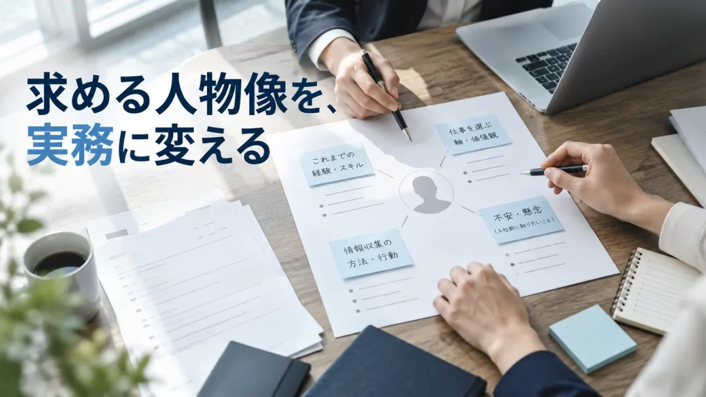 採用担当者が採用要件や候補者像を一枚のシートへ整理しているオフィスの様子