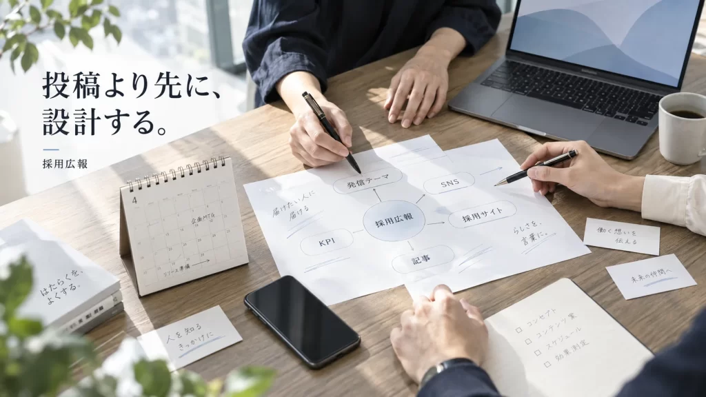 採用広報の発信テーマやチャネル、KPIを会議テーブル上で整理している様子