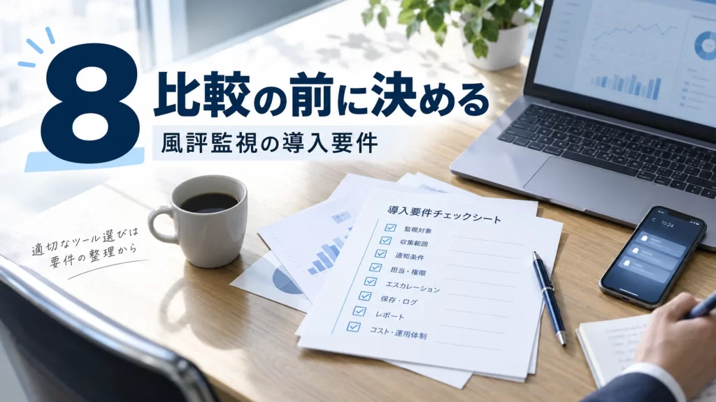 風評監視ツールの比較前に整理する8つの導入要件を、チェック資料とパソコンで表現した画像