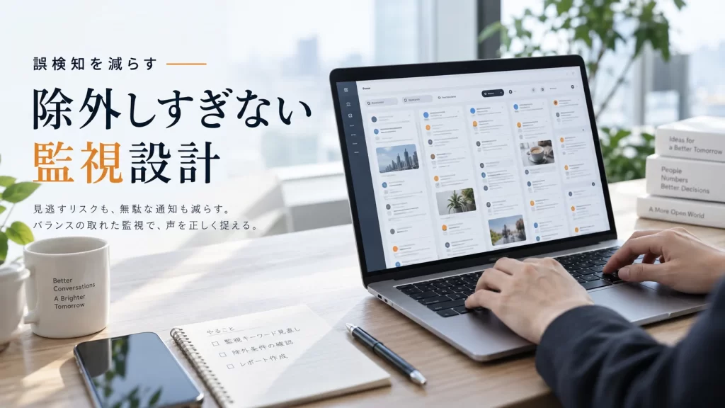 大量の監視通知が表示されたパソコンを確認しながら、誤検知を整理している担当者の手元