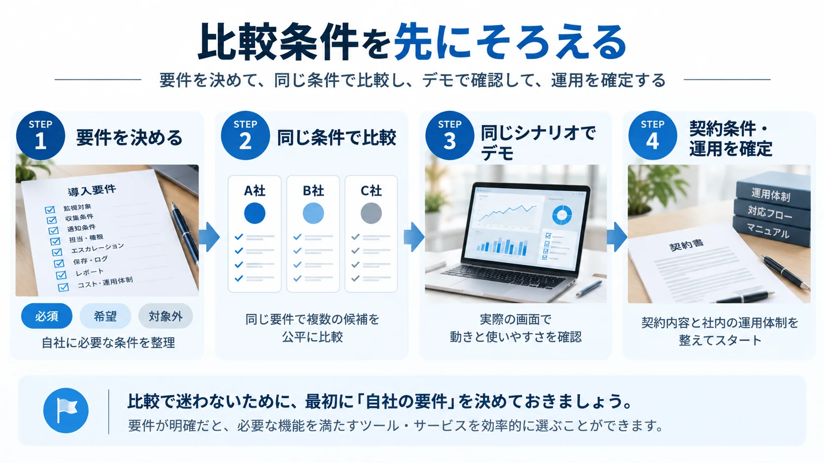 風評監視ツールの要件作成から同条件での比較、デモ、契約条件と運用確定までの導入手順