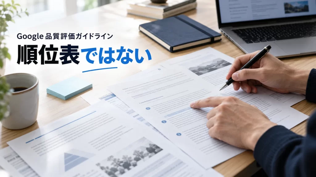 検索品質評価ガイドラインの資料を読みながら「順位表ではない」と示すSEO担当者の手元を写したアイキャッチ