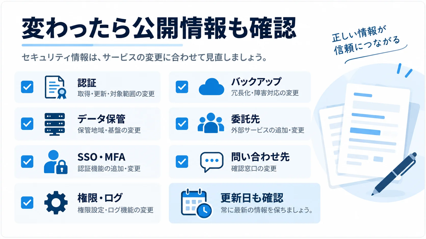 認証やデータ保管、権限、委託先などセキュリティ公開情報の更新タイミングを確認するチェックリスト