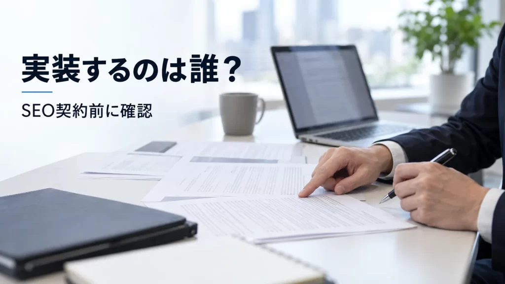 SEO対策会社との契約書を確認しながら実装担当を整理している担当者の手元