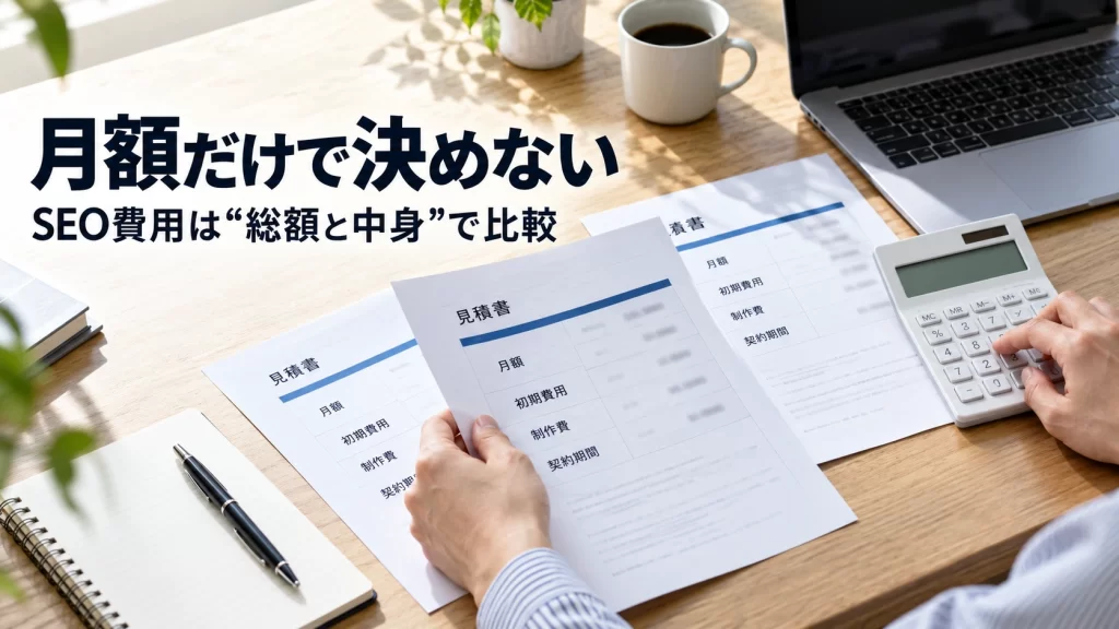 複数のSEO見積書と電卓をデスク上で比較し、月額料金だけでなく総額と作業内容を確認している様子