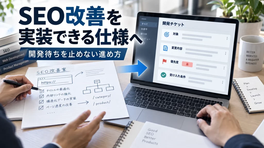 SEO改善案を開発チームが実装できる仕様とチケットへ整理しているオフィスのデスク