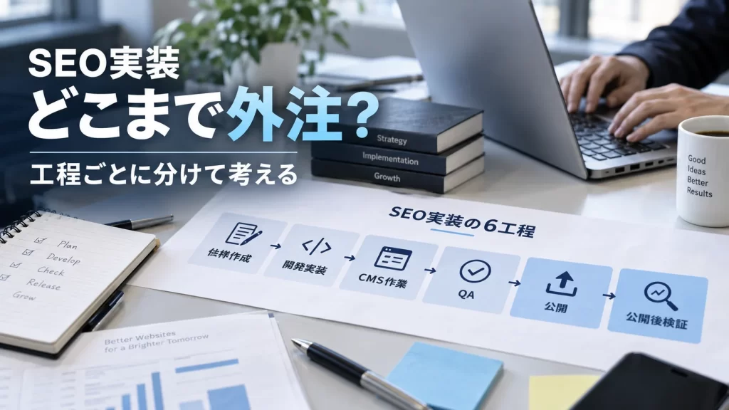 SEO実装の6工程を整理しながら、どこまで外注するか検討しているデスク風景