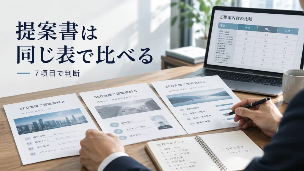 複数のSEO提案書と比較表を前に、担当者が同じ基準で内容を見比べているアイキャッチ画像