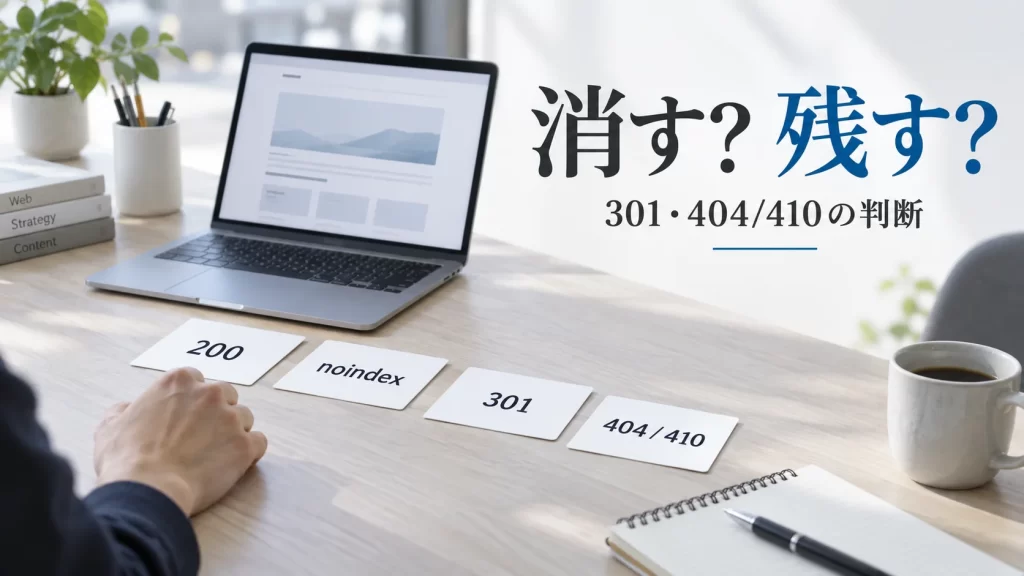 サービス終了ページを200、noindex、301、404・410のどれで処理するか検討するイメージ