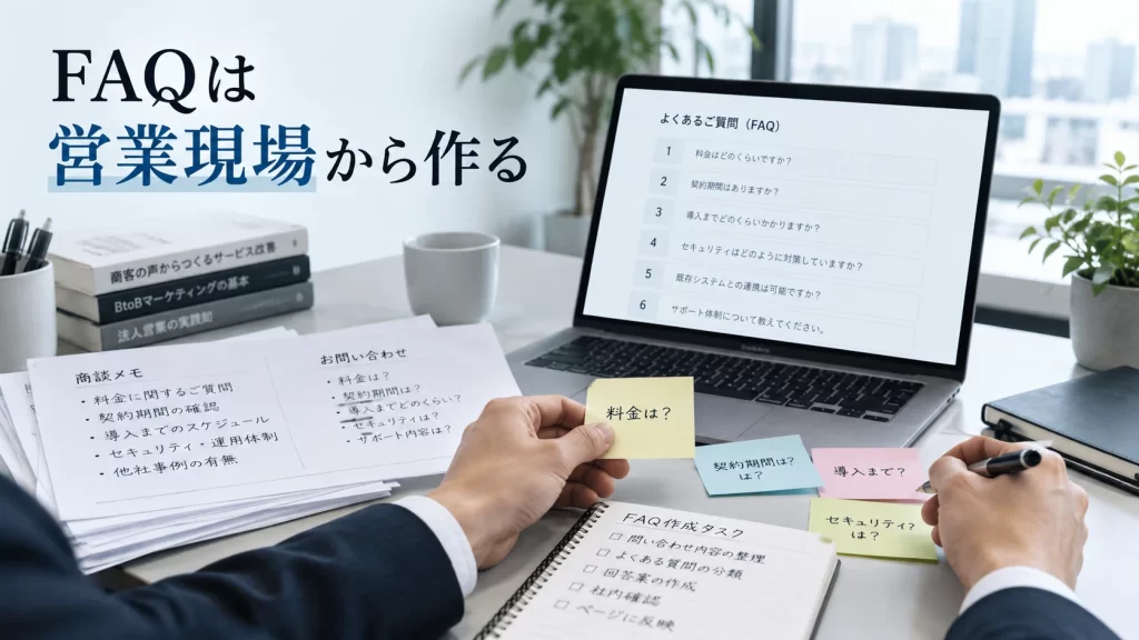 営業や問い合わせで寄せられた質問をもとに法人向けサービスのFAQを整理している担当者の手元