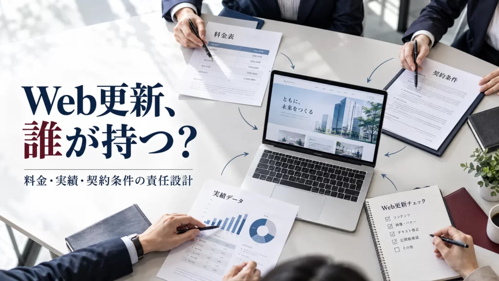 営業・事業・法務など複数部門の資料がWebサイト更新用のパソコンへ集まる様子