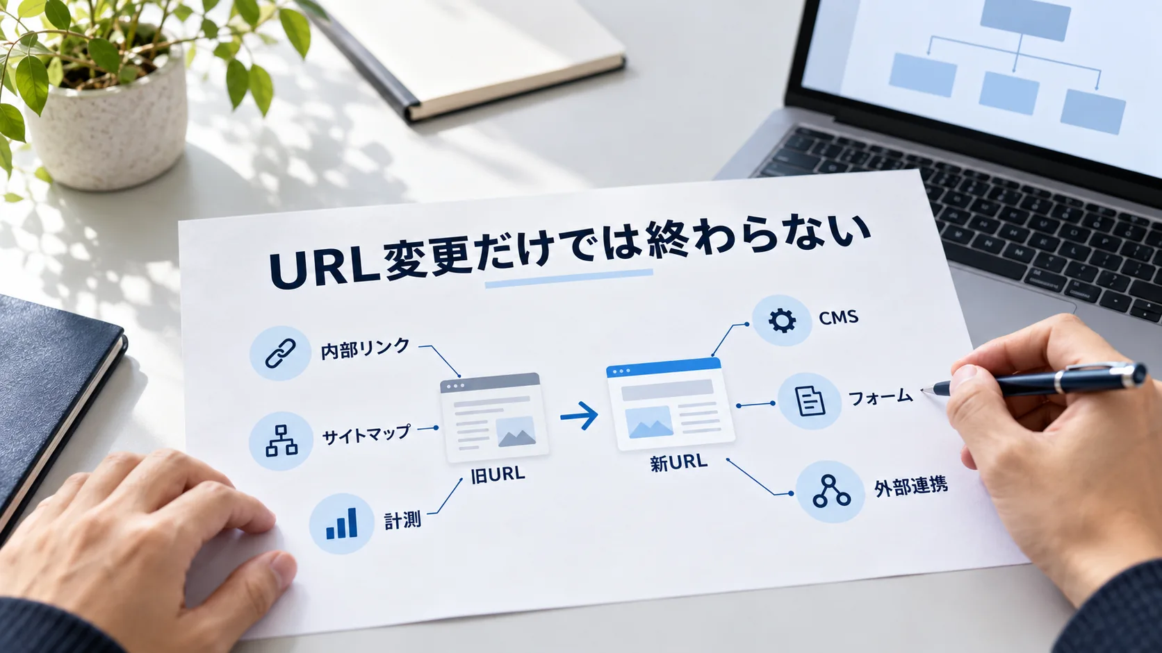 サブディレクトリとサブドメインの構成変更時に、内部リンクや計測、CMSなど複数項目を確認するWeb担当者のチェック作業