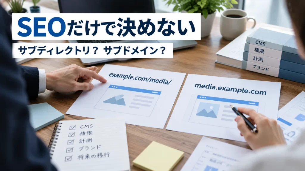 サブディレクトリとサブドメインの2つのURL構成案を、SEOだけでなく運用条件も含めて比較しているWeb担当者の手元