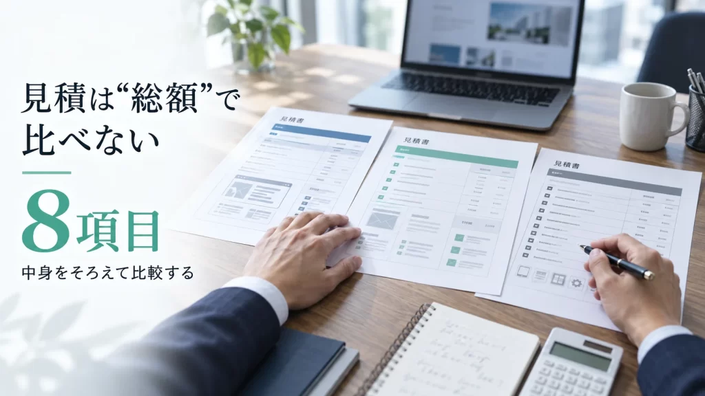 複数のWebサイト制作見積書を机上に並べ、担当者が内容を比較している様子